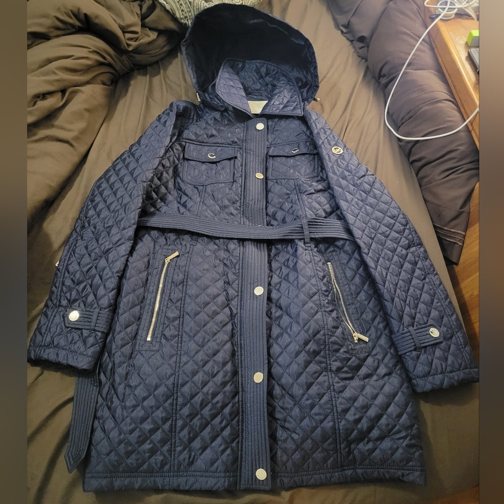 Michael Kors Blue Quilted Zip & Button Up Hooded Jacket